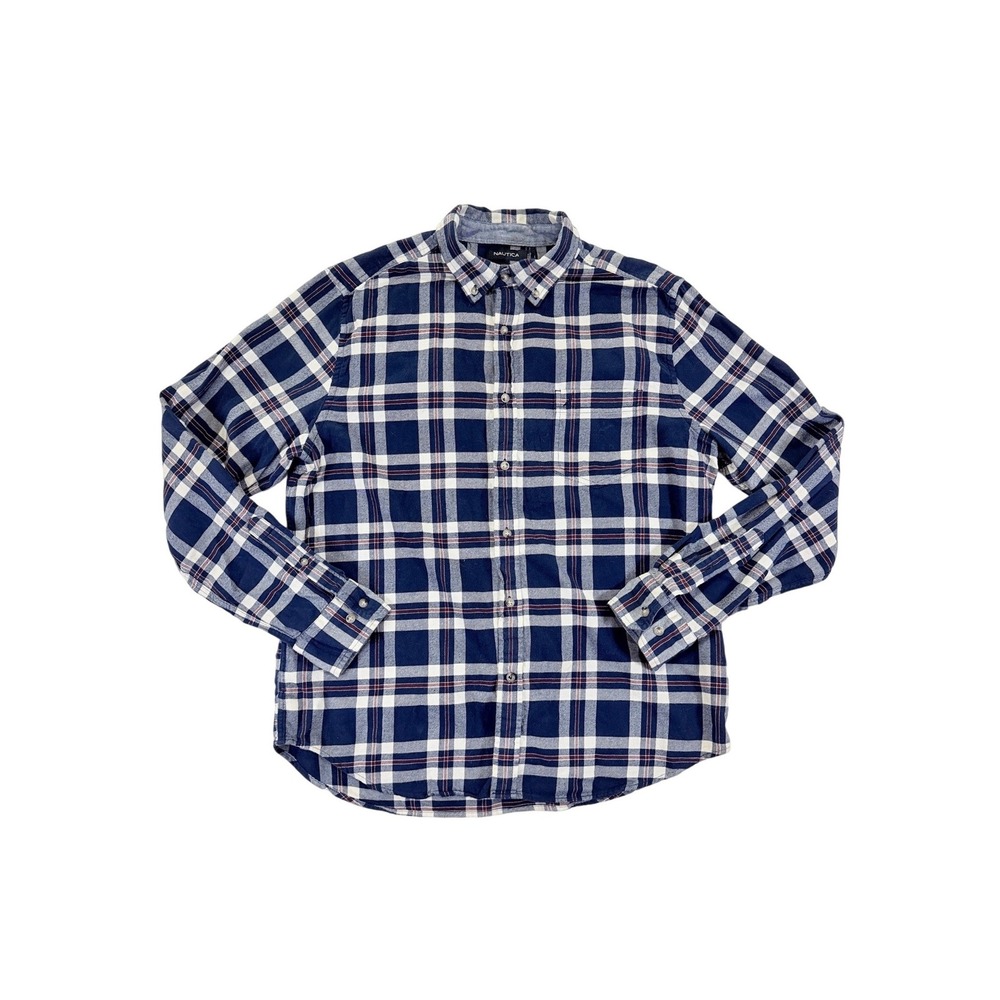 Nautica Button Down Shirt Men Large Blue Plaid Long Sleeve Classic Fit